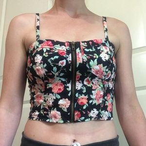Floral zip up bustier crop top